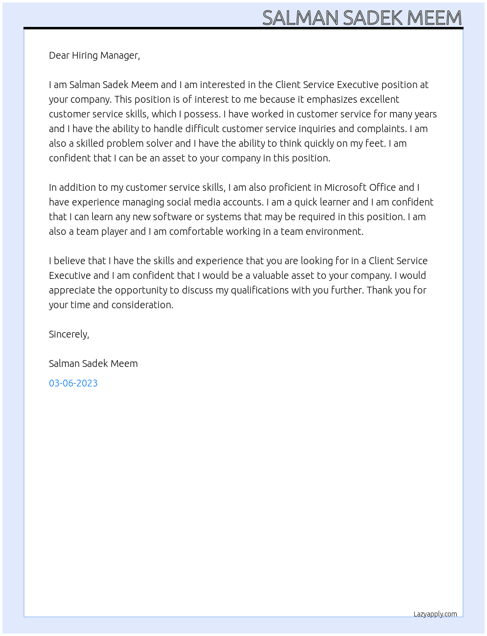 Client Service Executive At your company Cover Letter