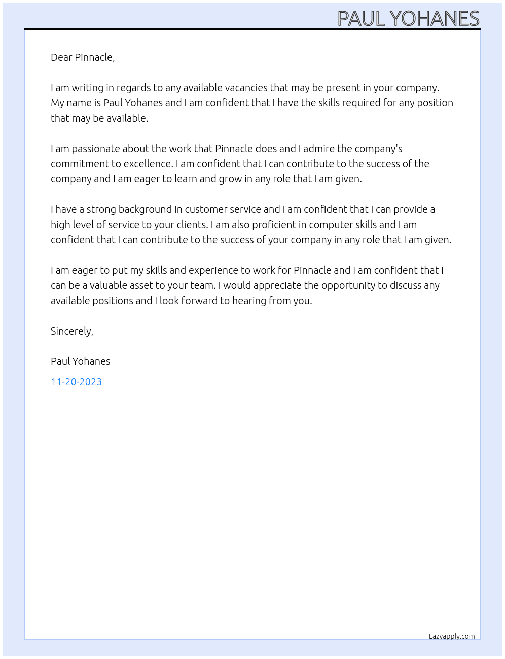  any available vacancy At Pinnacle Cover Letter
