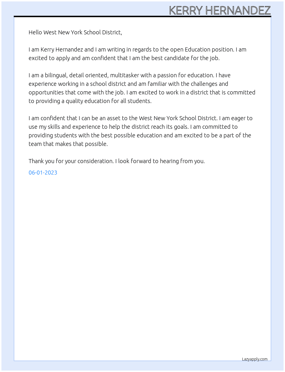 Education At  School District Cover Letter
