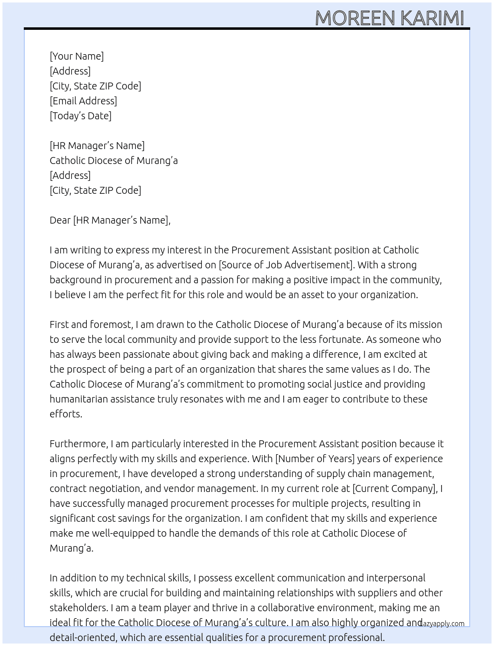 Procurement Assistant  At Catholic Diocese of Murang'a Cover Letter