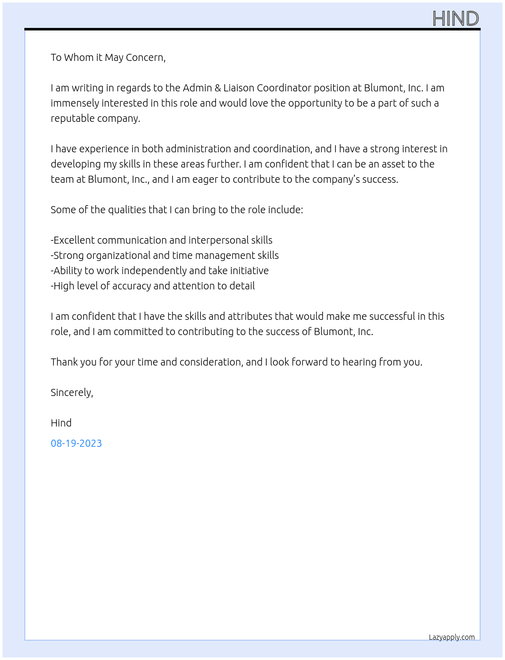 Admin & Liaison Coordinator At Blumont, Inc. Cover Letter