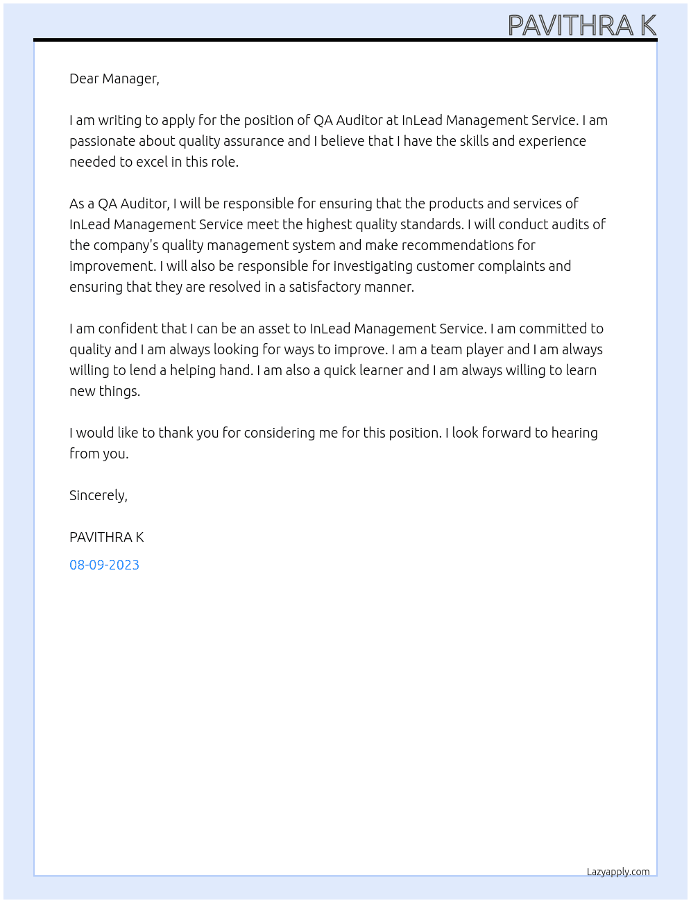 QA Auditor At InLead Management Service Cover Letter
