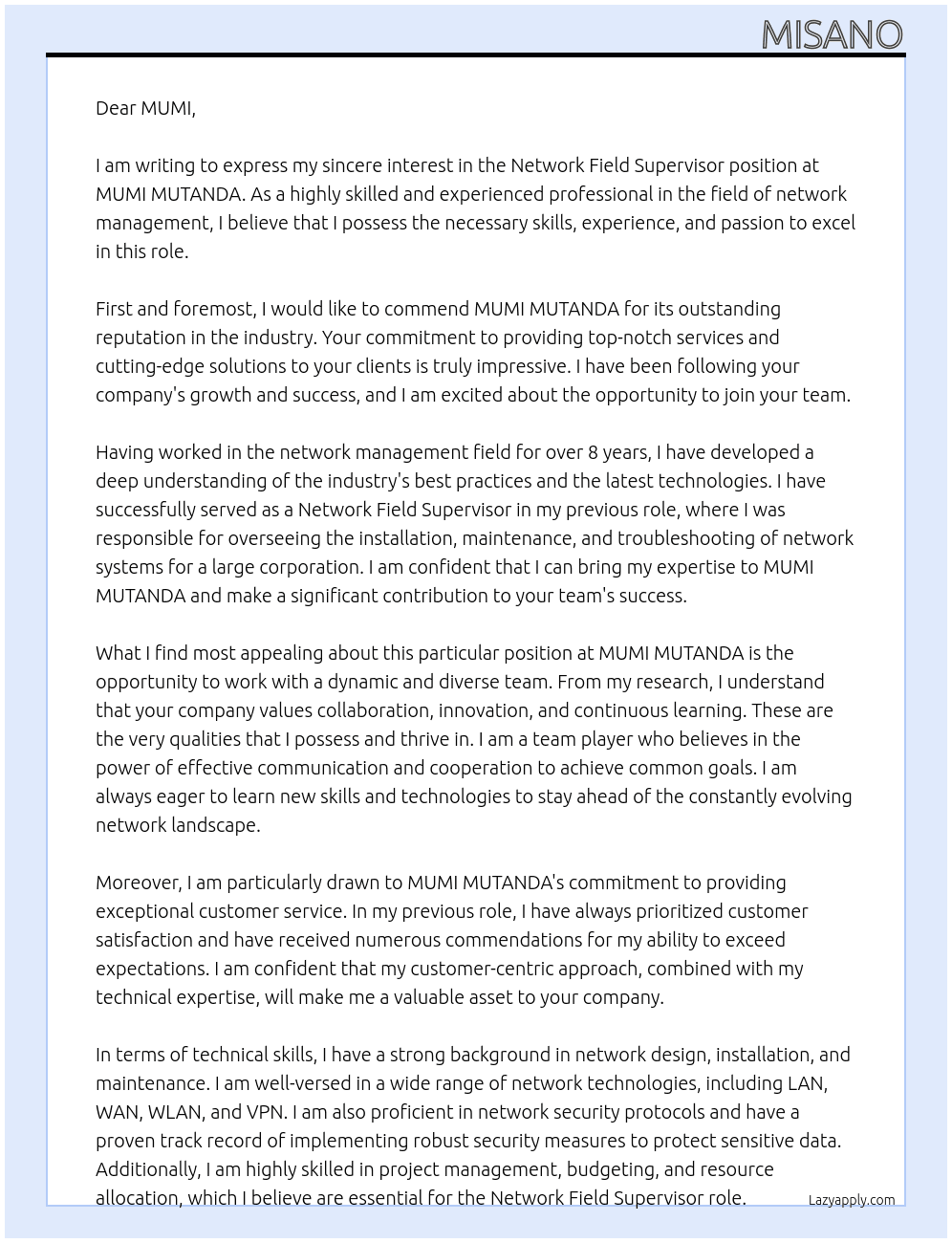 Network Field Supervisor At MUMI MUTANDA Cover Letter