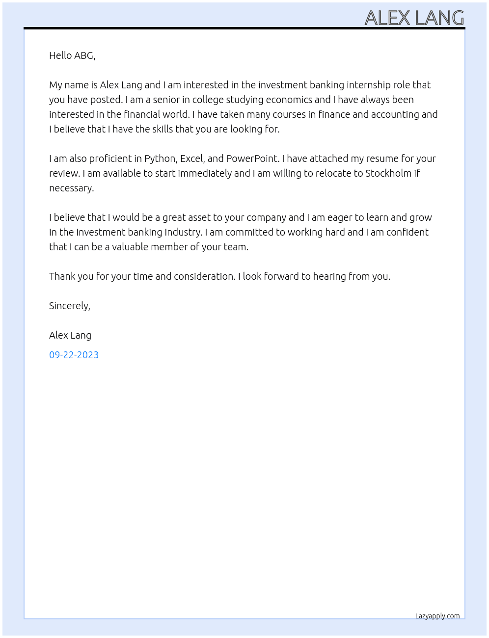 Investment banking At ABG Cover Letter