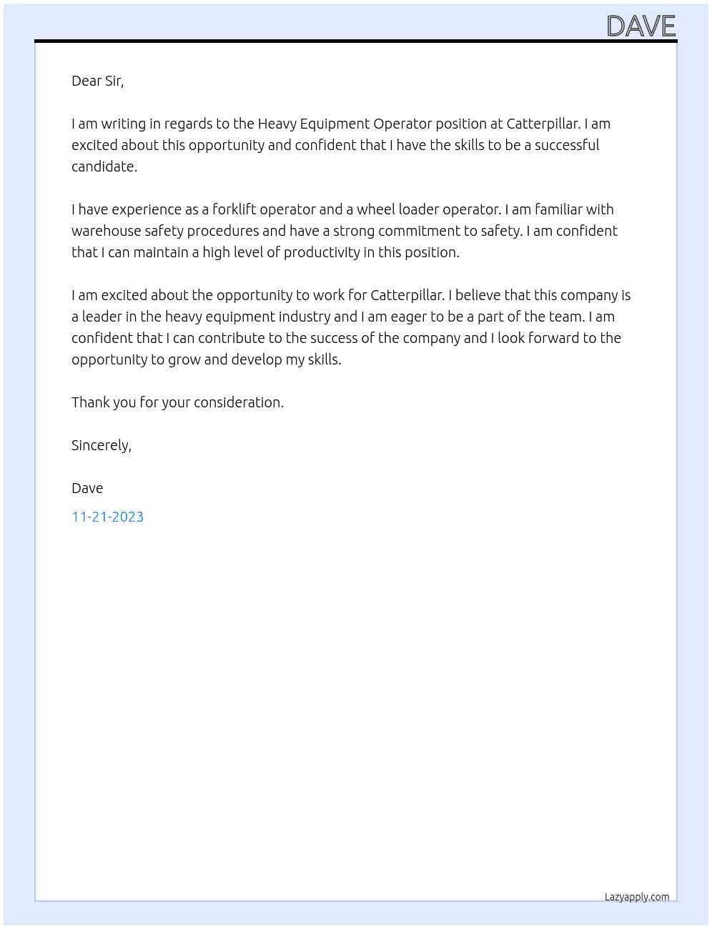 Heavy Equipment Operator At Catterpillar Cover Letter
