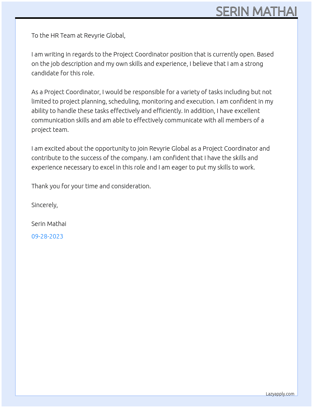 Project Coordinator At Revyrie Global Cover Letter
