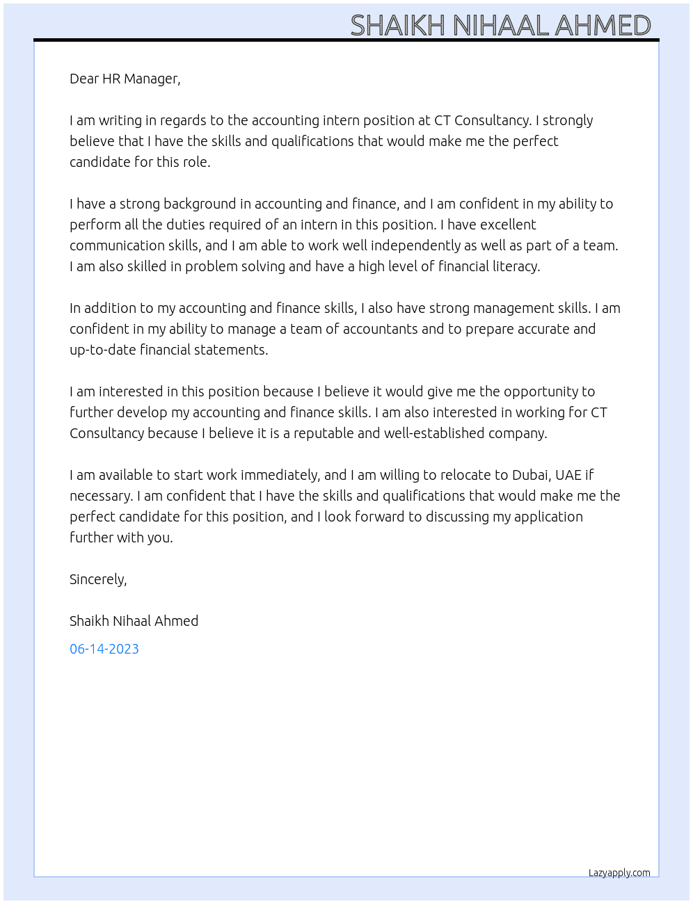 Accounting intern  At CT Consultancy  Cover Letter