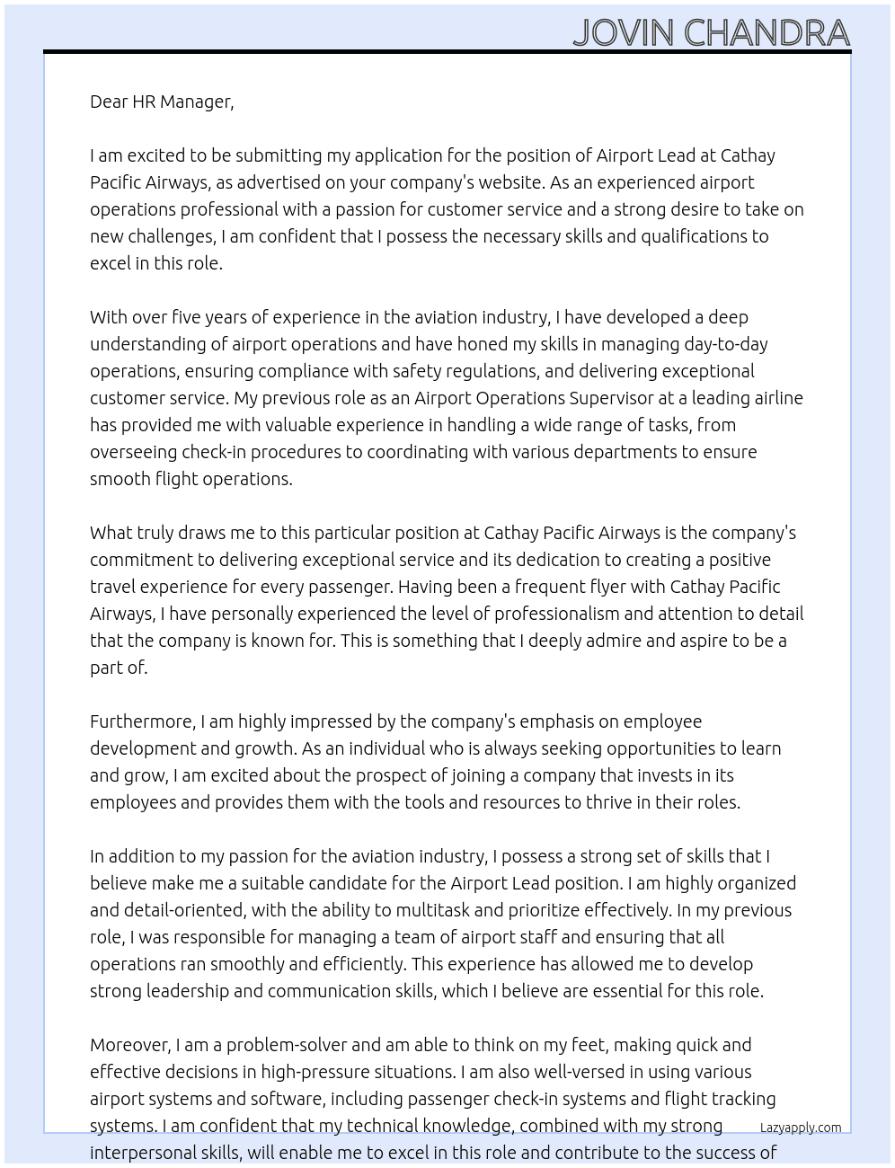 Airport Lead At Cathay Pacific Airways Cover Letter