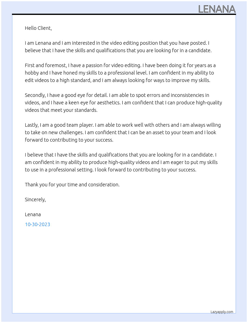 Video Editing At Client Cover Letter