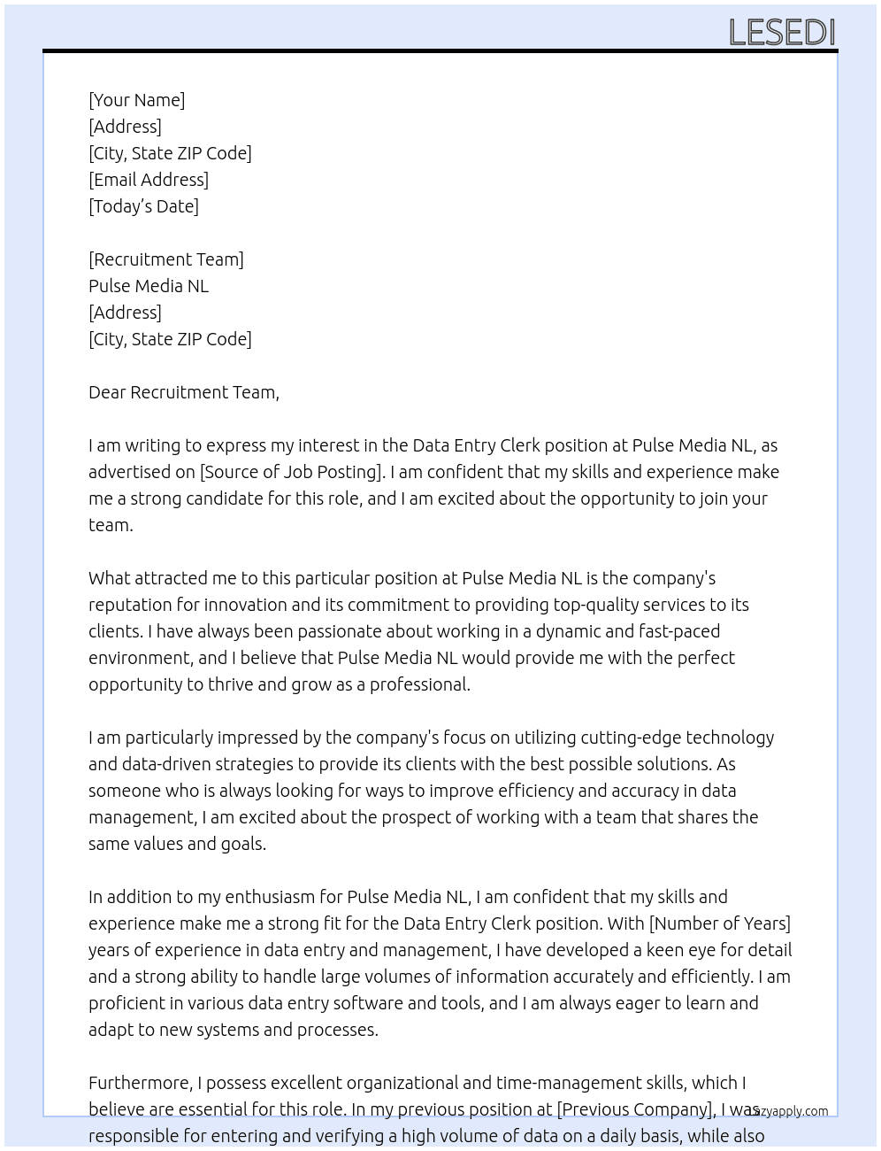 Data Entry clerk  At Pulse Media NL Cover Letter