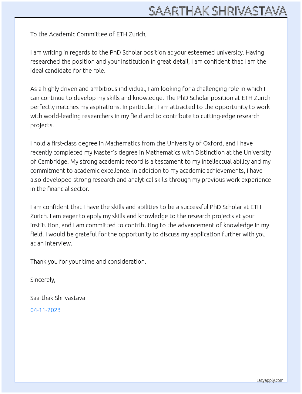 PhD Scholar At ETH Zurich Cover Letter