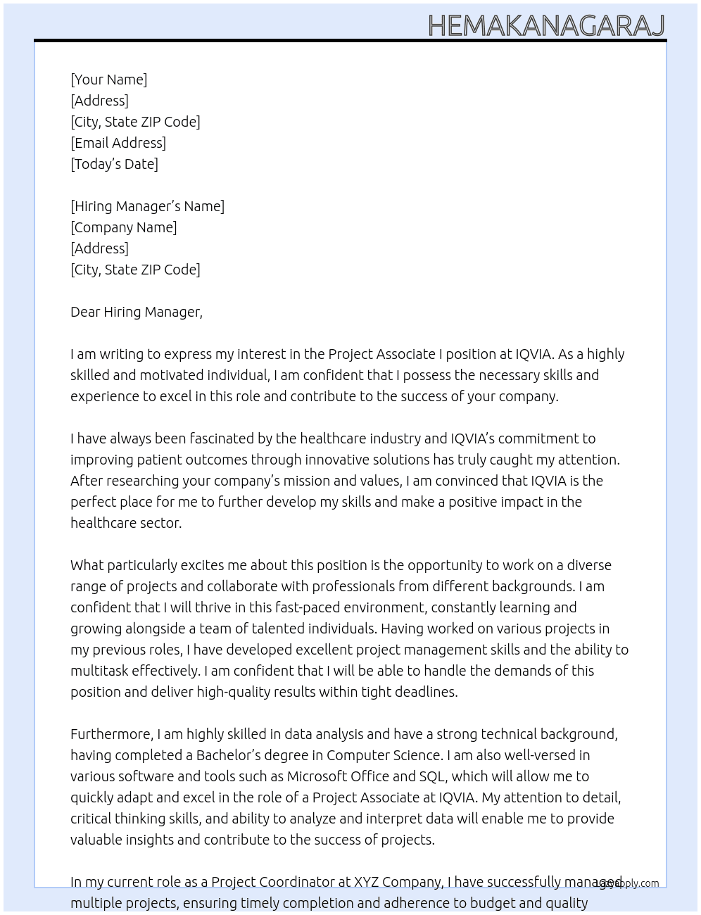 Project Associate I At IQVIA Cover Letter