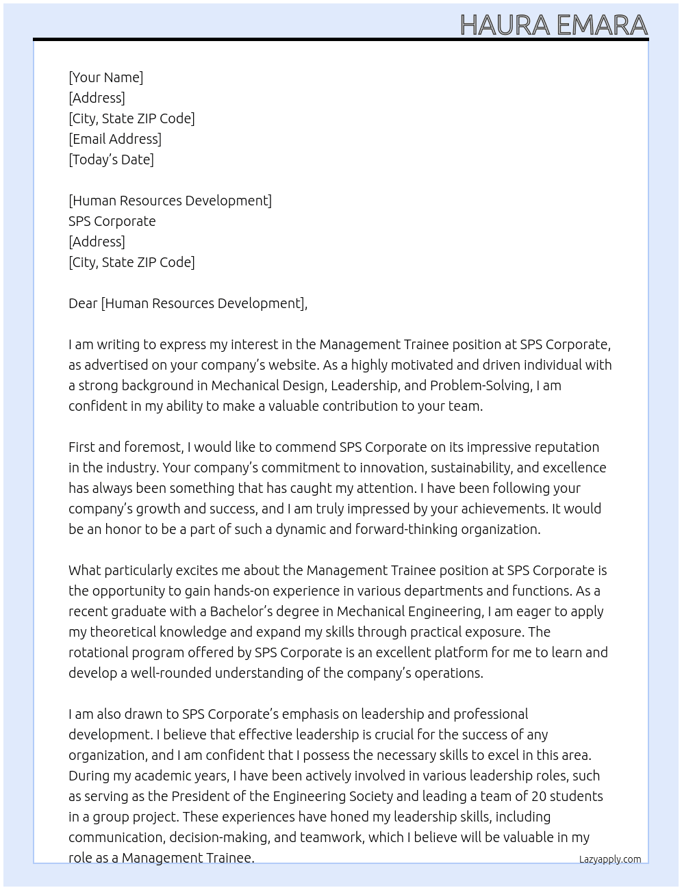 Management Trainee At SPS Corporate Cover Letter