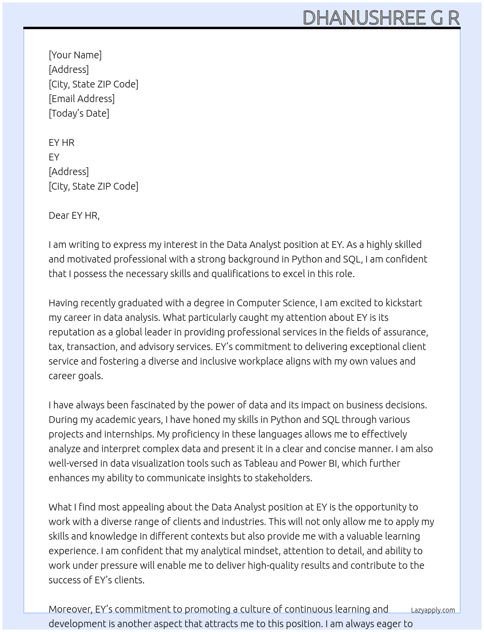 Data anylist  At EY Cover Letter