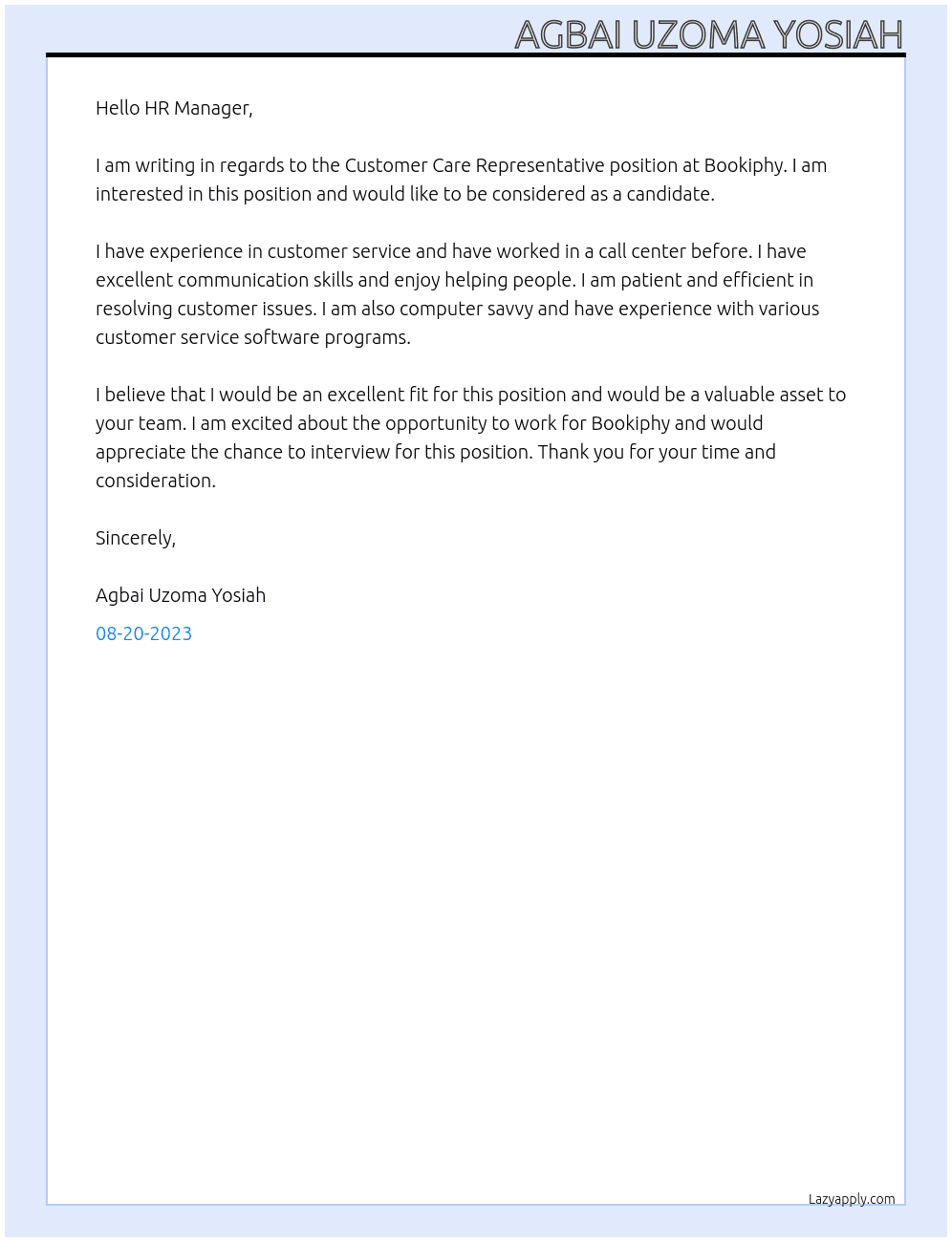 Customer Care Representative At Bookiphy Cover Letter