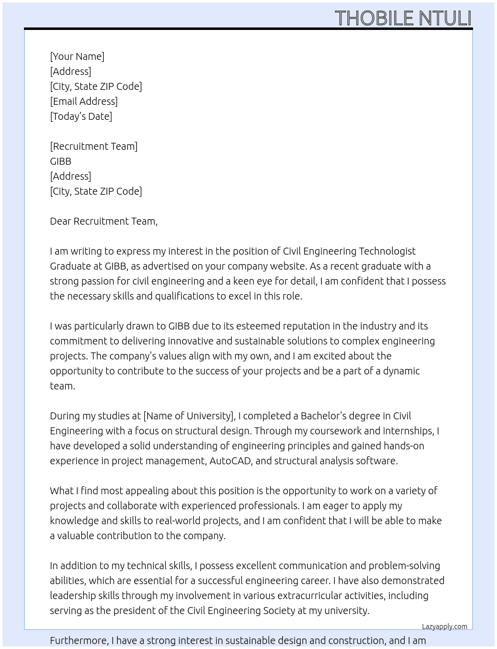Cvil Engineering Technologist Graduate At GIBB Cover Letter
