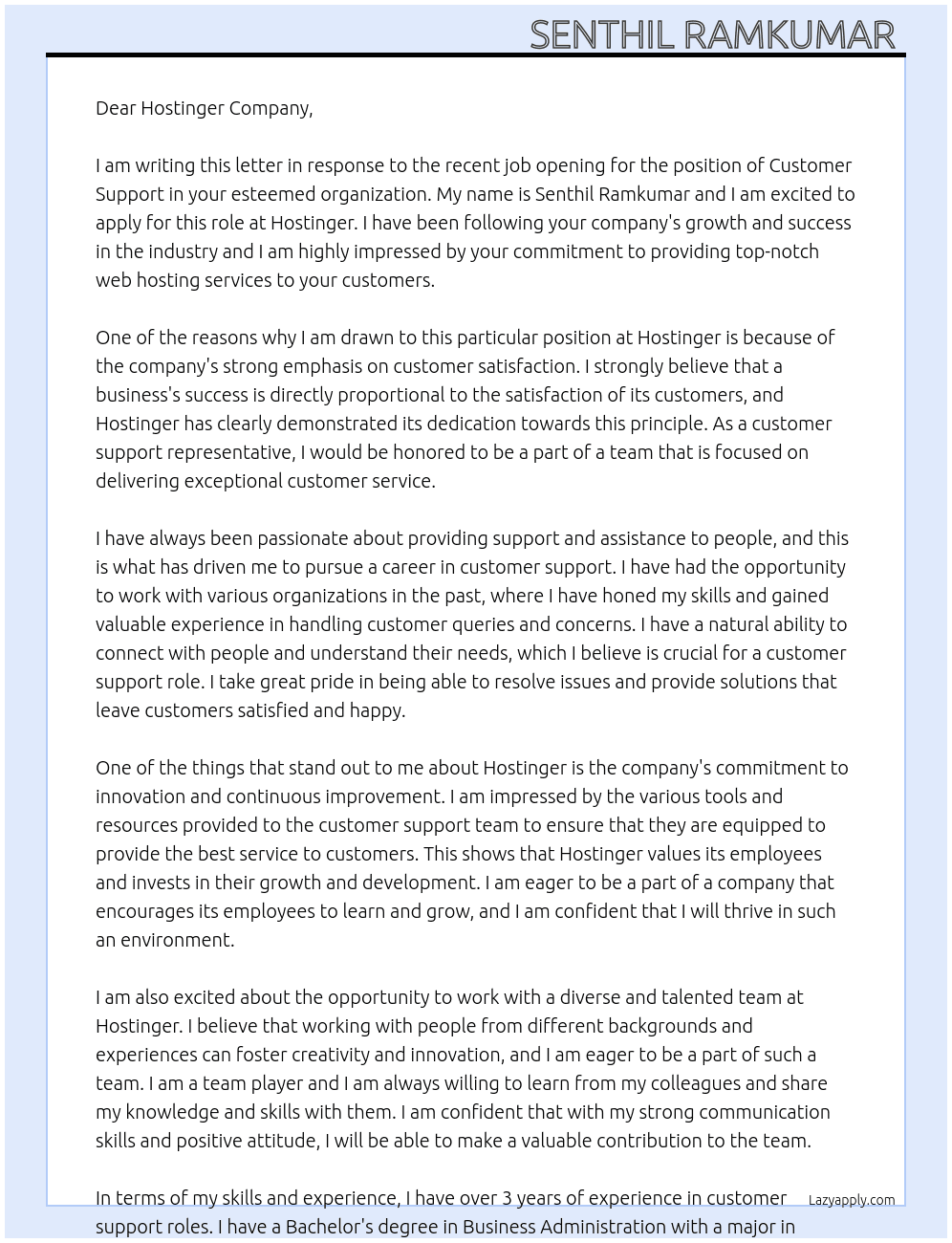 Customer support  At Hostinger Cover Letter