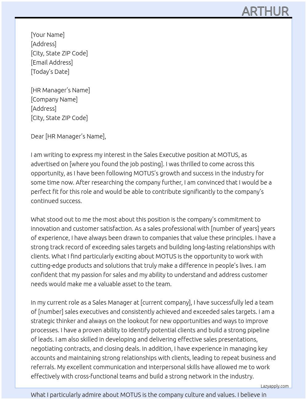 Sale executive  At MOTUS  Cover Letter
