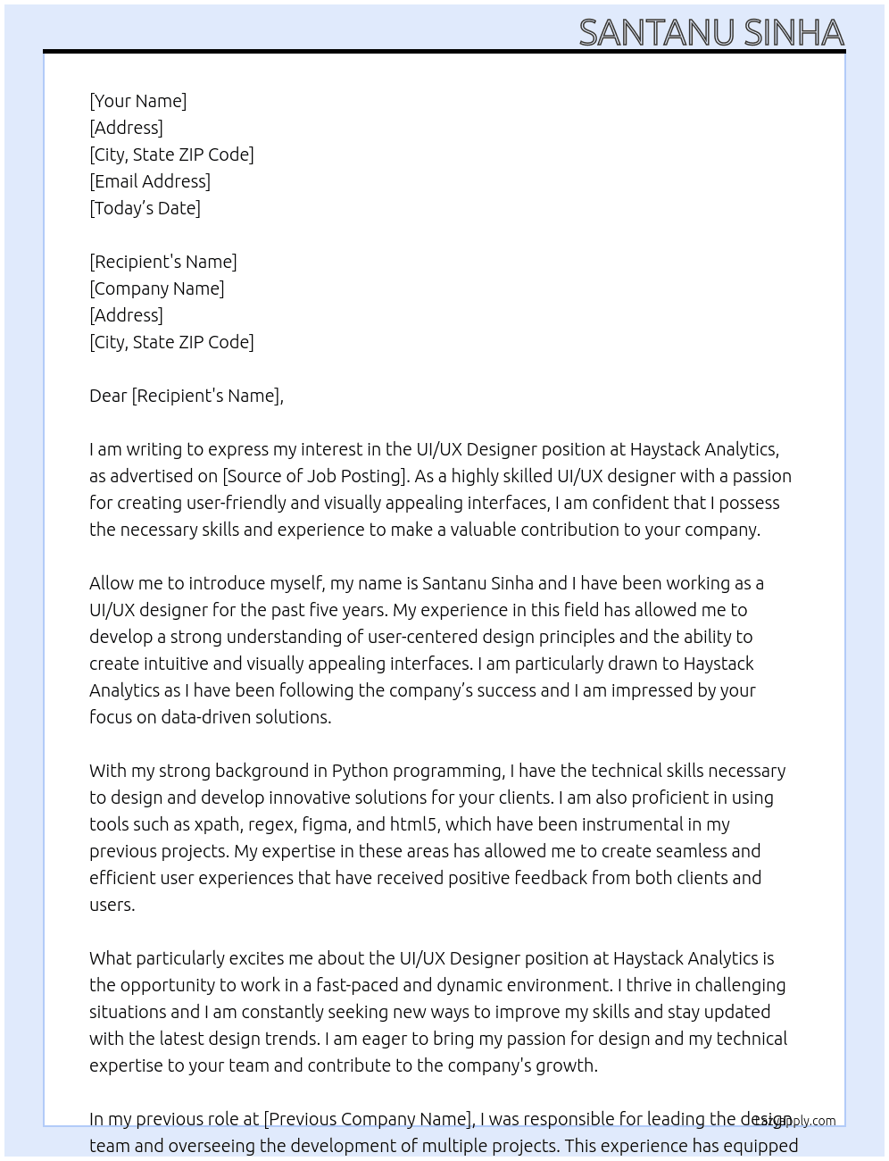 UI/UX designer  At Haystack Analytics Cover Letter