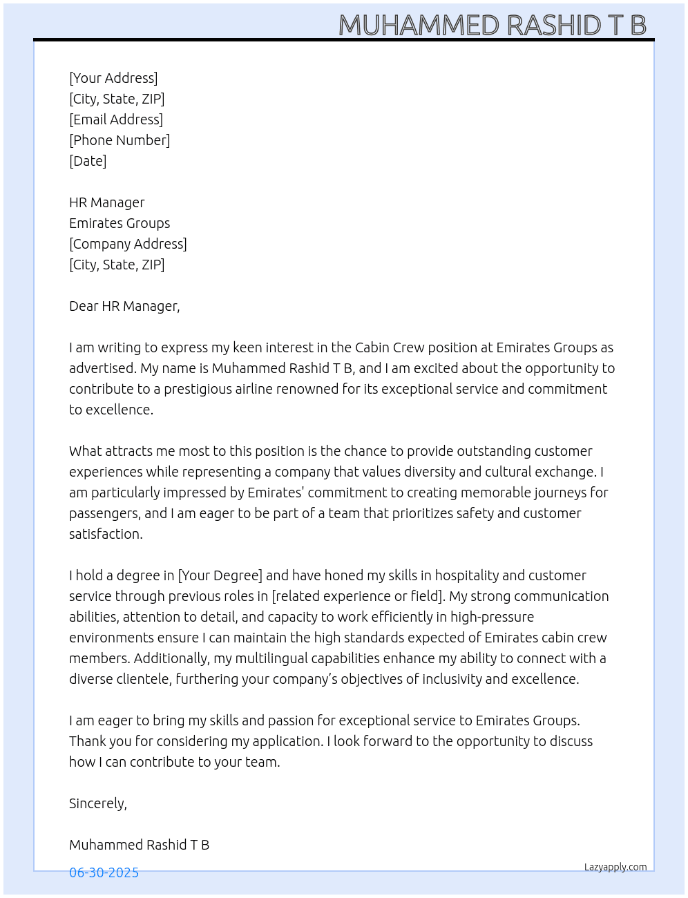 Cabin crew  At Emirates Groups  Cover Letter