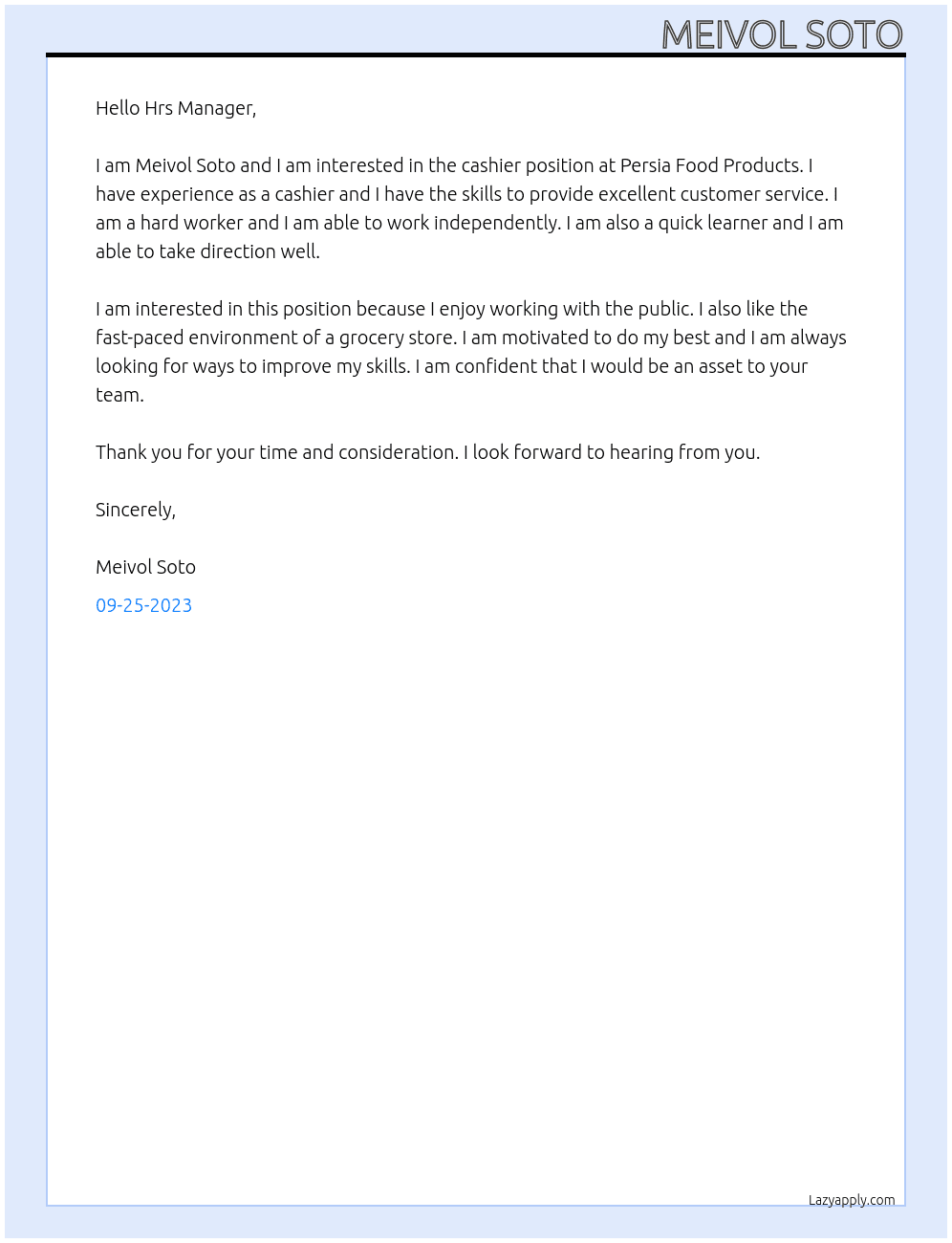 Cashier At Persia Food Products Cover Letter