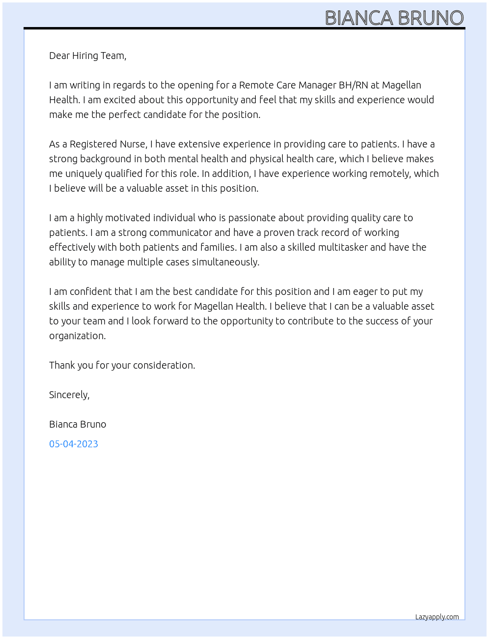 Remote Care Manager BH/RN At Magellan Health Cover Letter