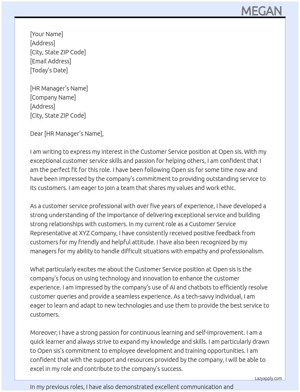 Customer service  At Open sis  Cover Letter