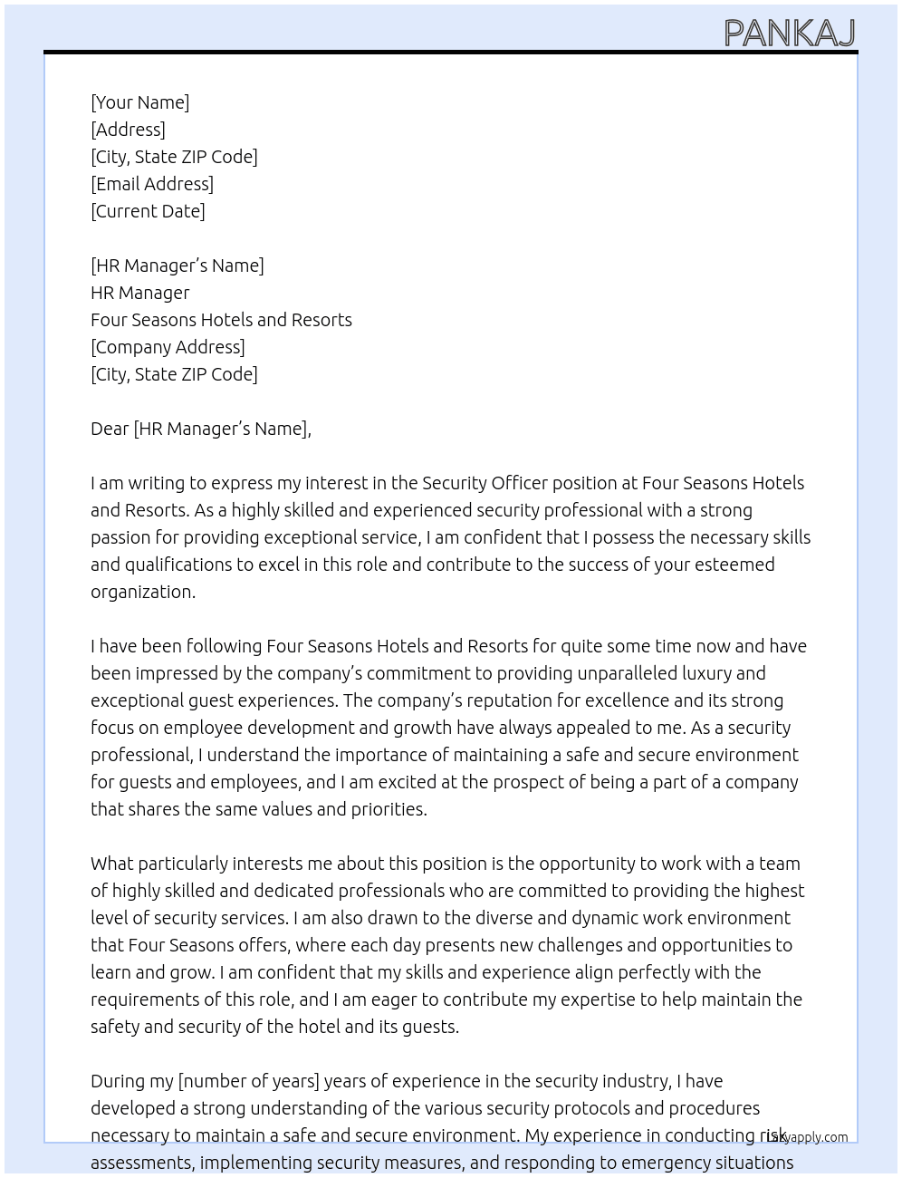 Security Officer At Four Seasons Hotels And Resorts Cover Letter