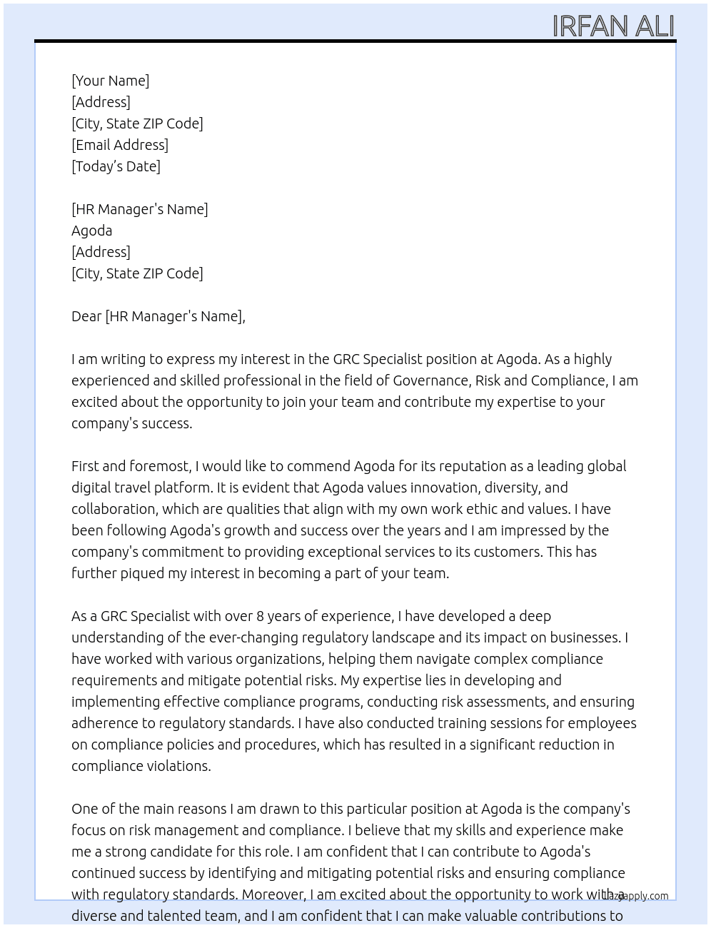 Cover letter for grc specıalıst - LazyApply