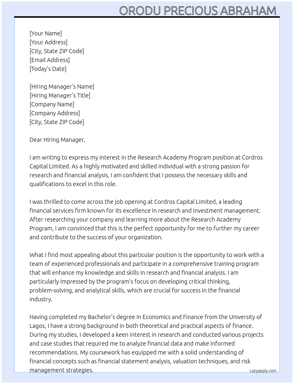 Research Academy Program  At Cordros Capital limited  Cover Letter