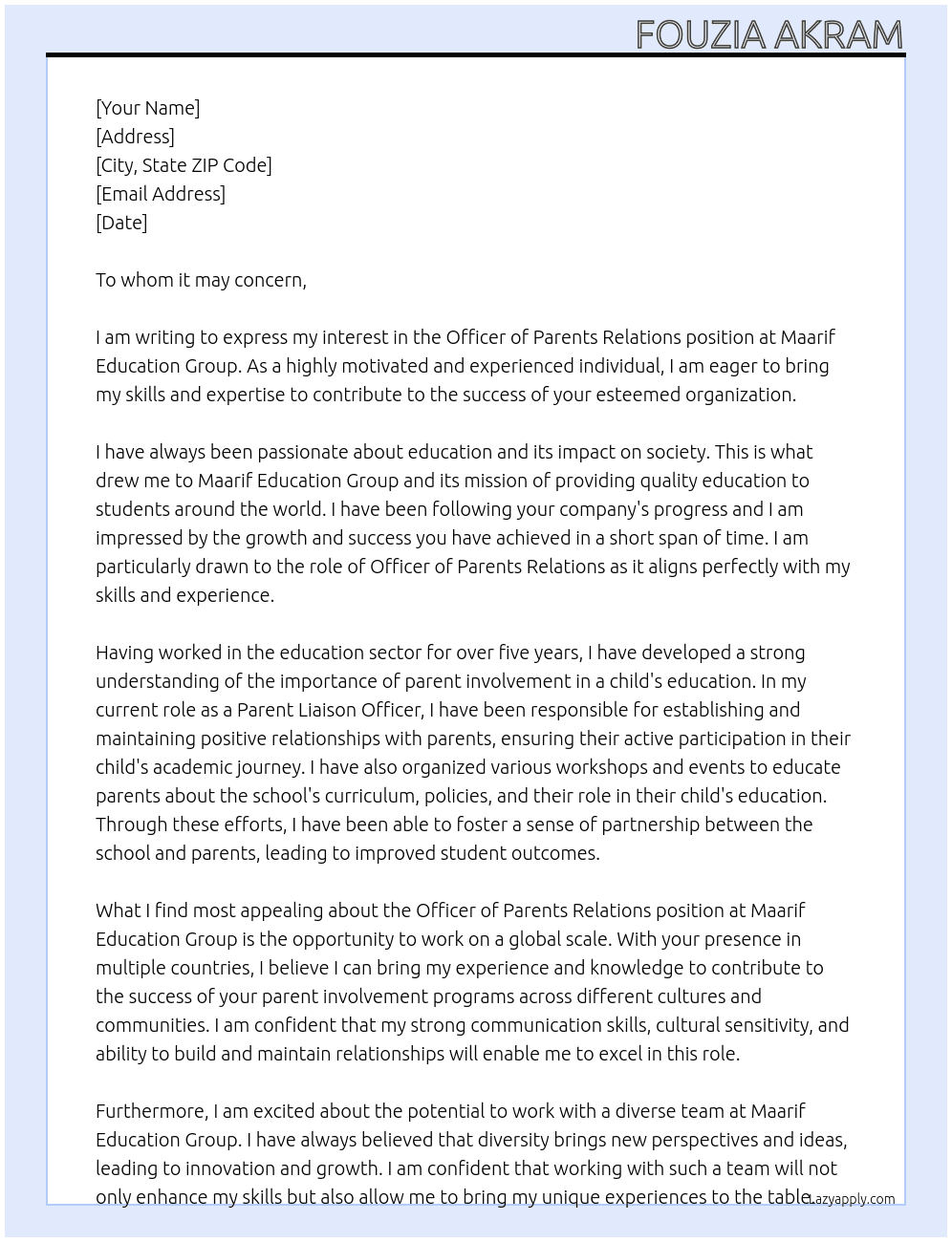 Officer, Parents Relations At Maarif Education Group Cover Letter