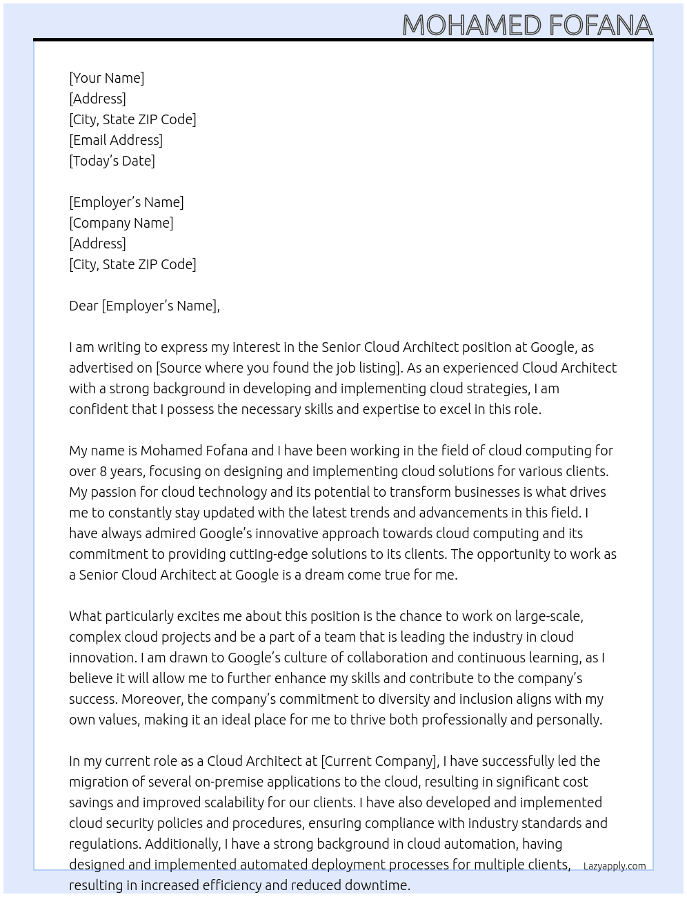 Cover letter for senior cloud architect - LazyApply
