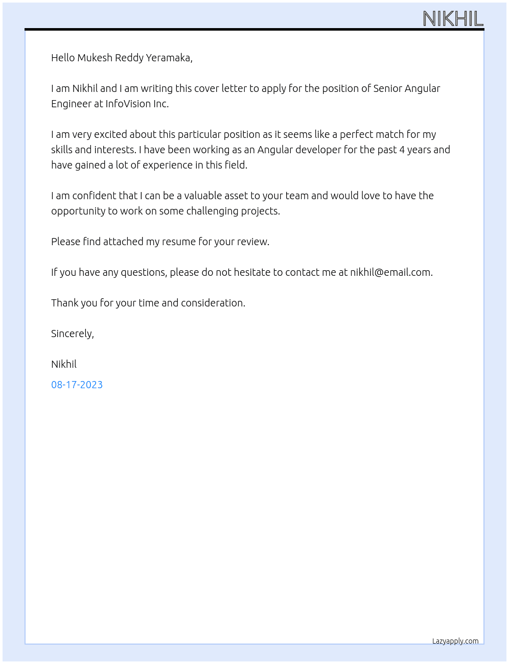 Senior Angular Engineer At InfoVision Inc Cover Letter