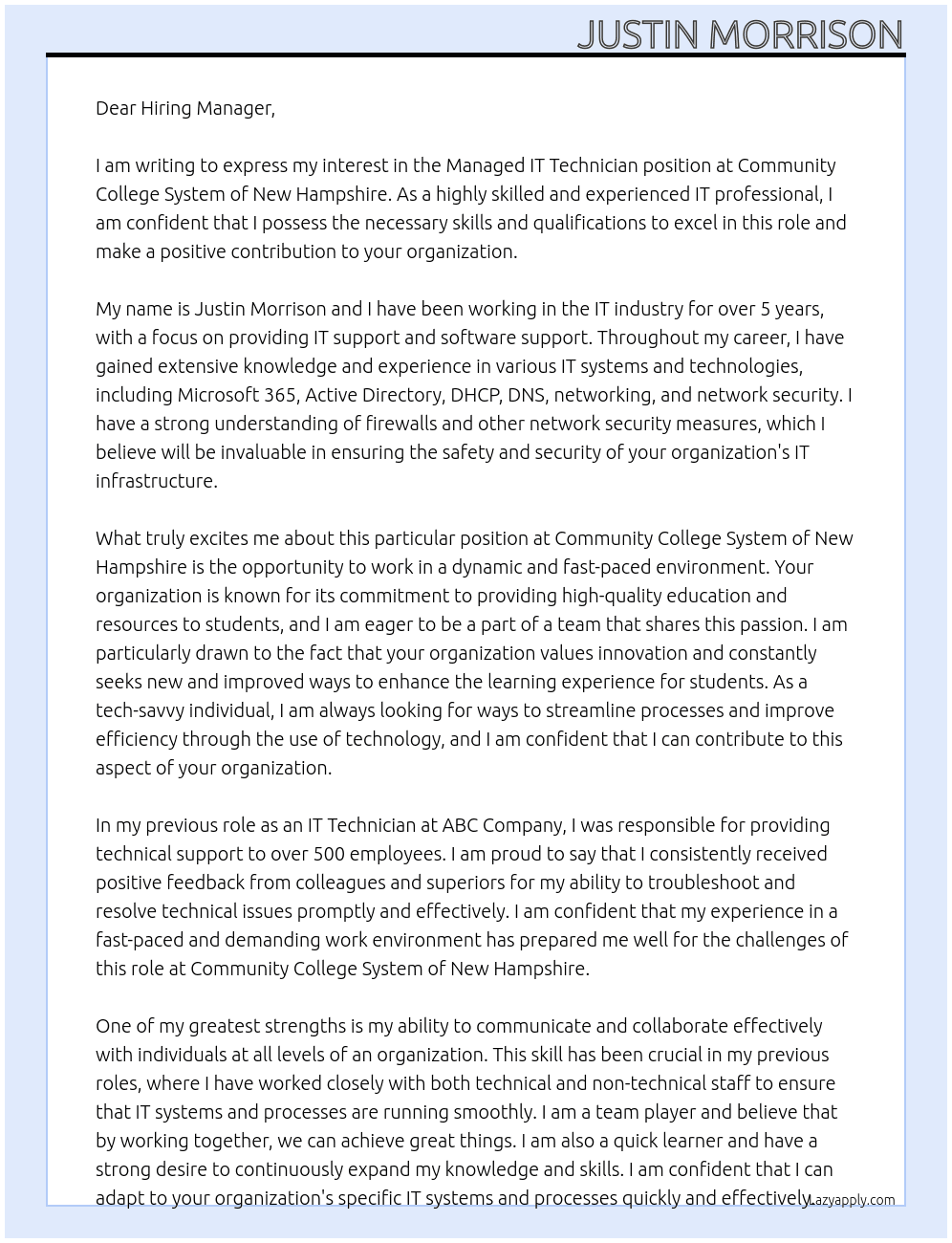 Managed IT Technician At Community College System of New Hampshire Cover Letter