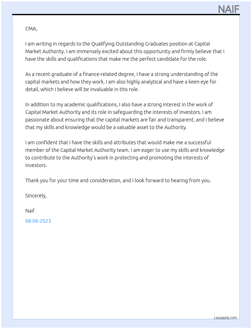  Qualifying Outstanding Graduates At Capital Market Authority  Cover Letter
