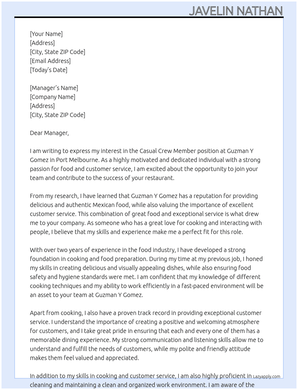 Casual Crew Member At Guzman Y Gomez Cover Letter