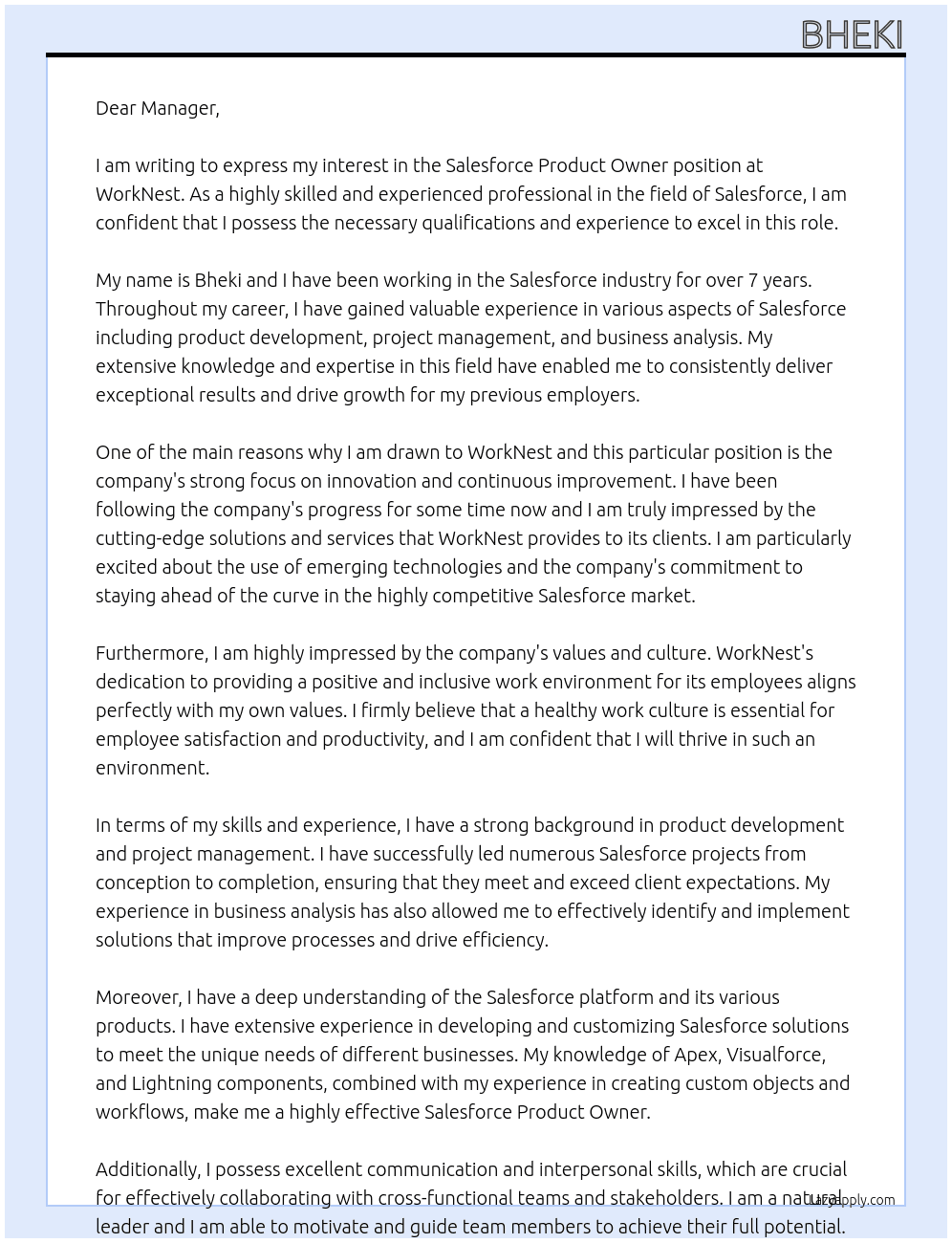 Salesforce Product Owner At WorkNest Cover Letter
