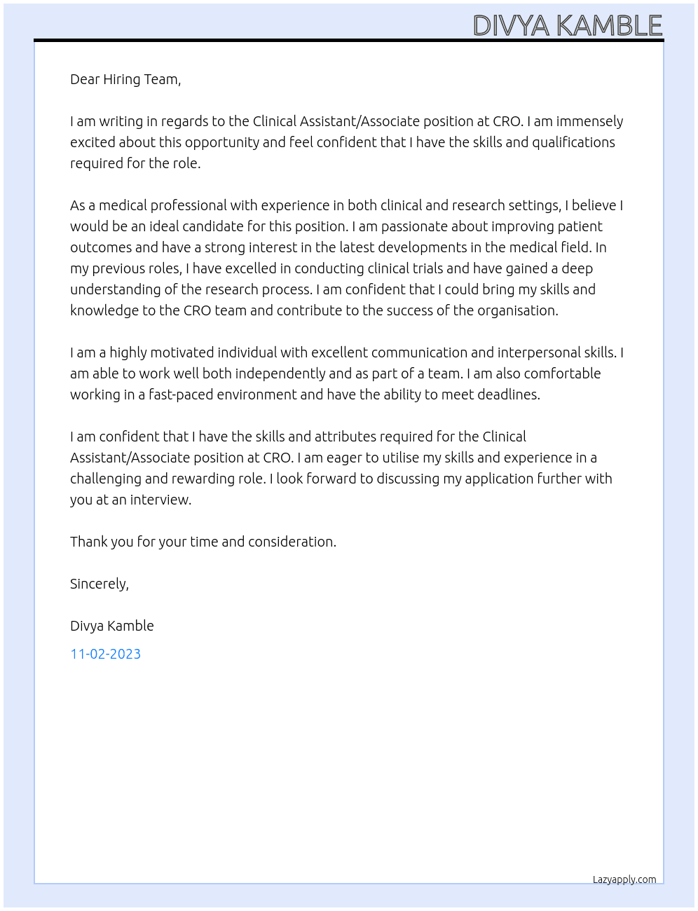 Clinical Assistant/Associate At CRO Cover Letter