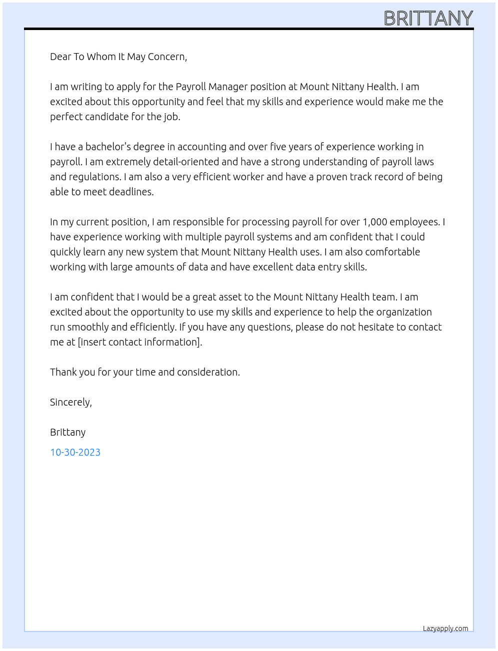 Payroll Manager At Mount Nittany Health  Cover Letter
