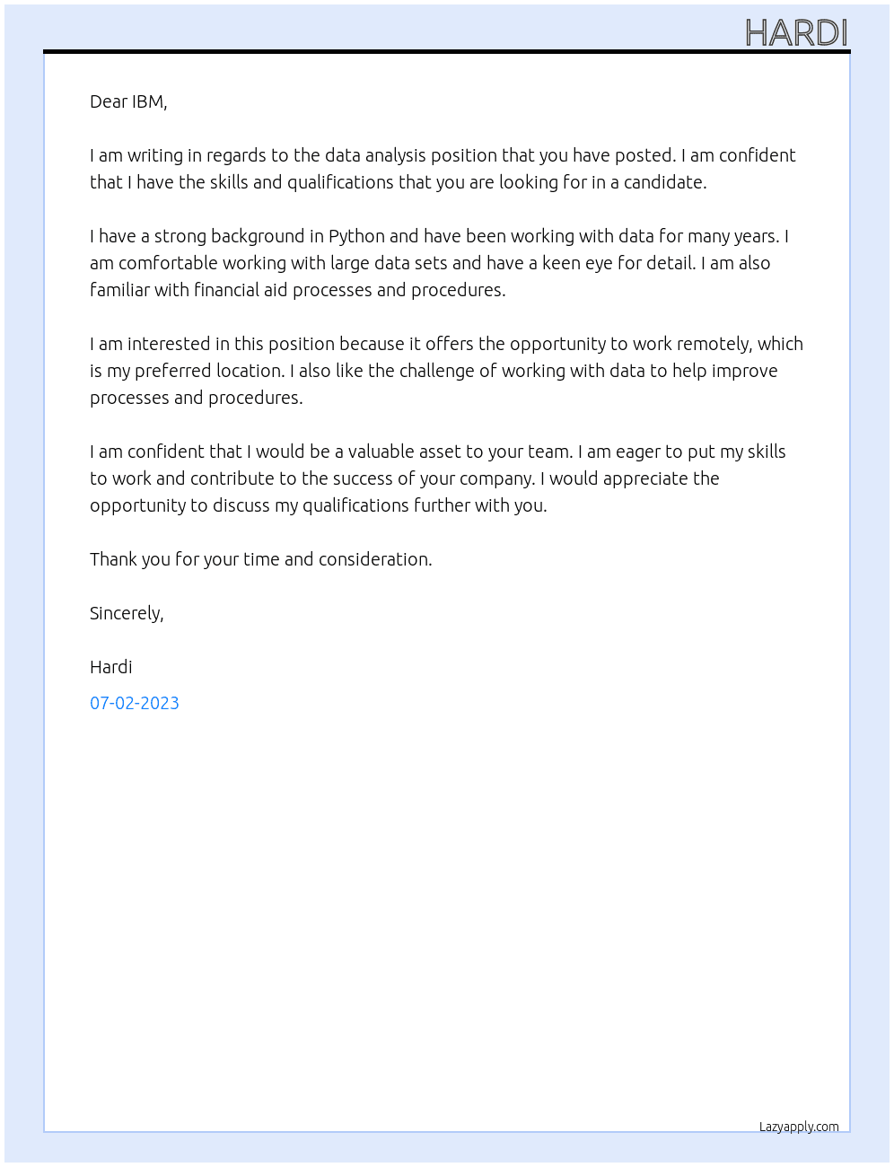 Data analysis At ibm Cover Letter