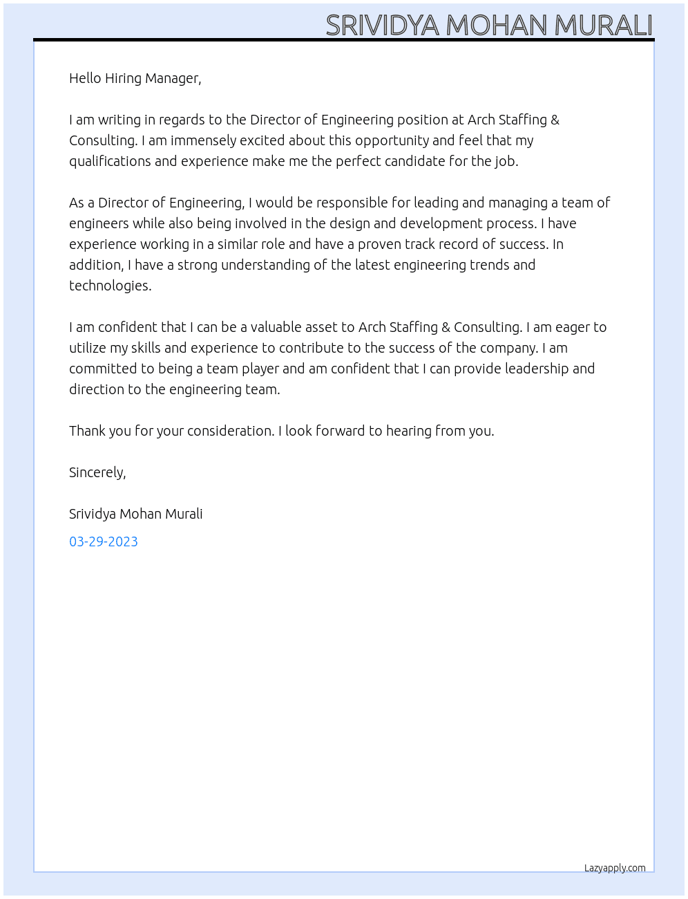 Director of Engineering At Arch Staffing & Consulting Cover Letter