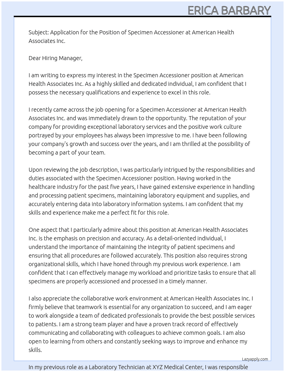 Specimen Accessioner At American Health Associates  Inc Cover Letter