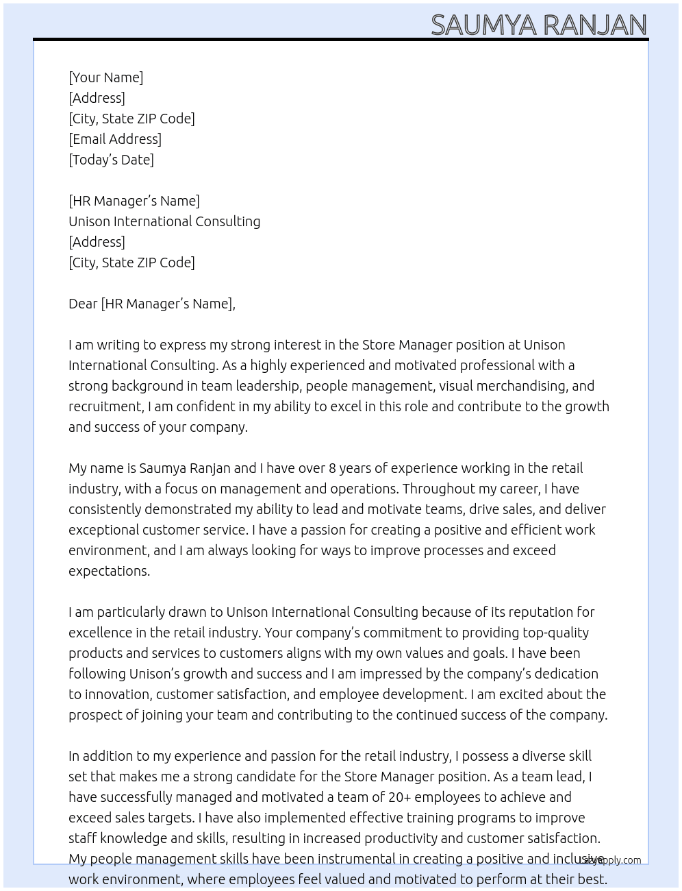 Store manager At Unison international consulting  Cover Letter