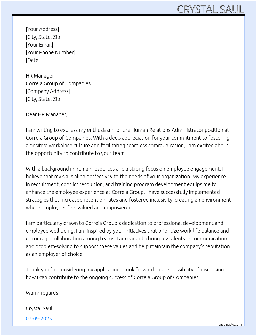 Human Relations Administrator  At Correia group of companies  Cover Letter