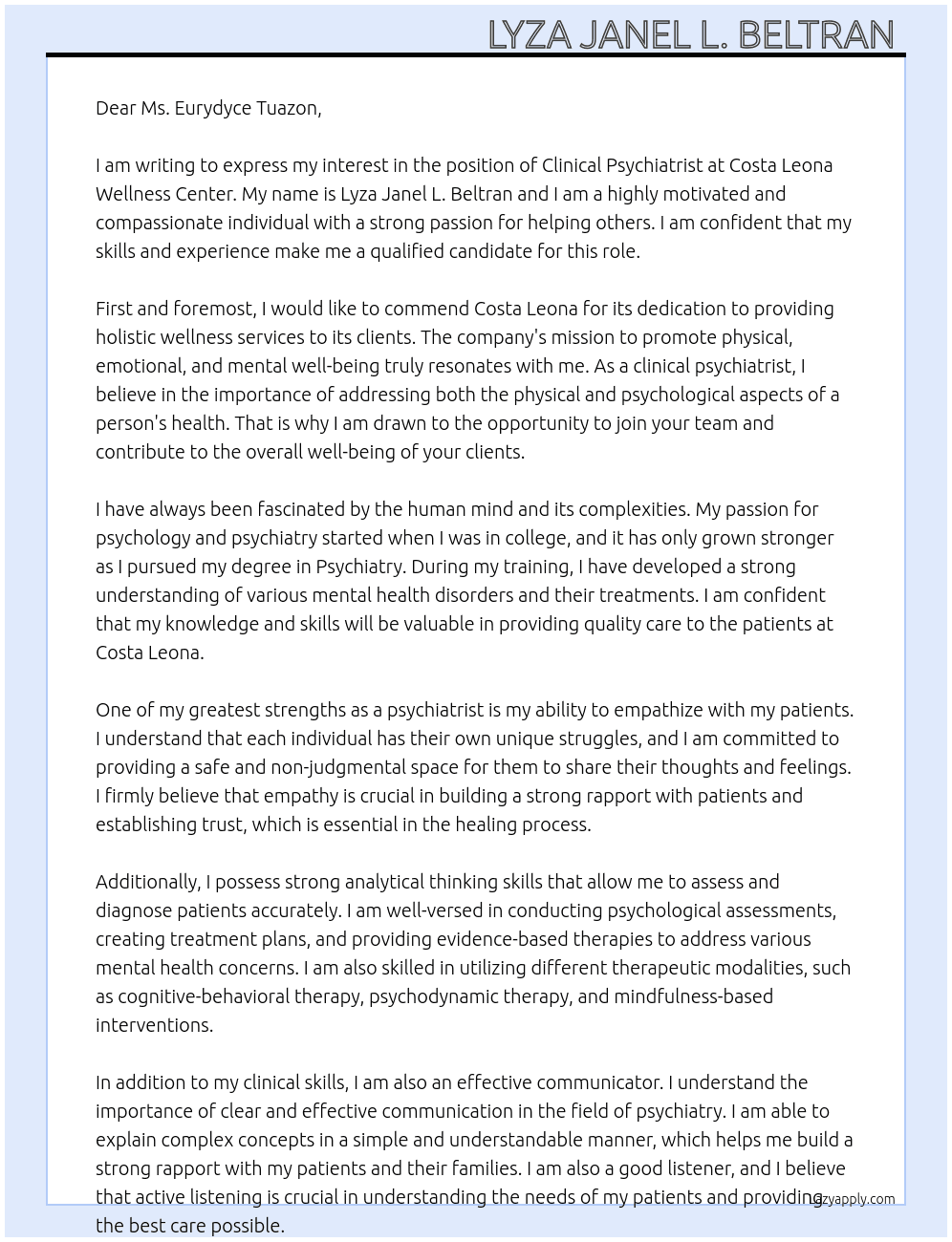 Clinical psychiatrist  At Costa Leona wellness center Cover Letter