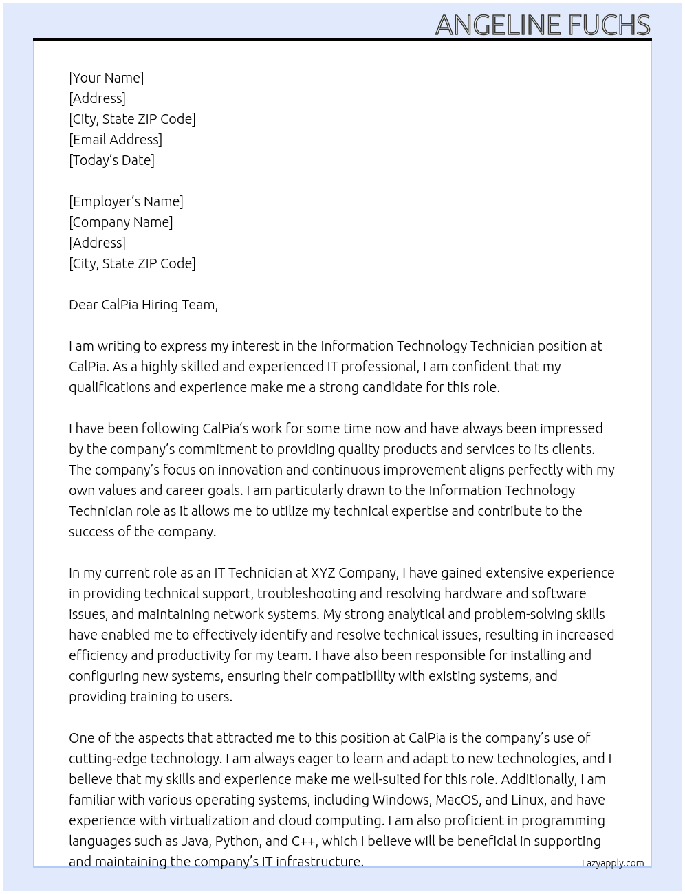 Information Technology Technician At CalPia Cover Letter