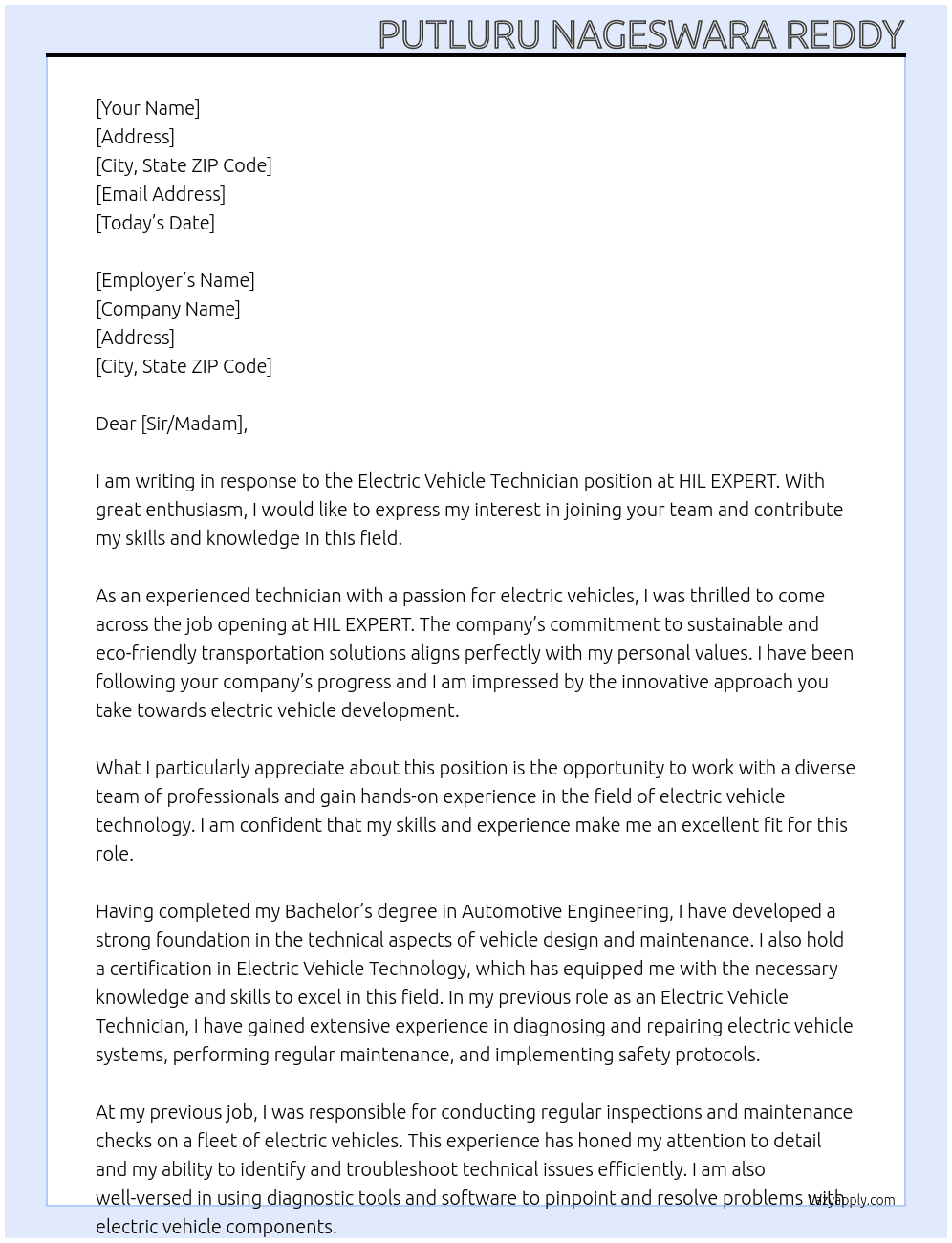 Electric vehicle technician At HIL EXPERT Cover Letter