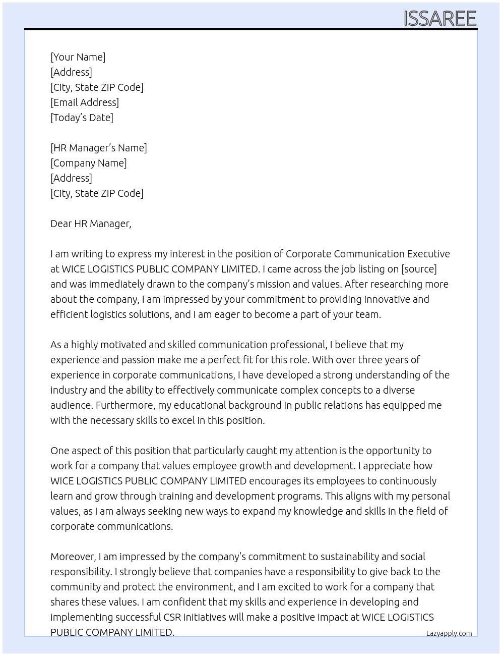 Corporate Communication Executive At WICE LOGISTICS PUBLIC COMPANY LIMITED Cover Letter