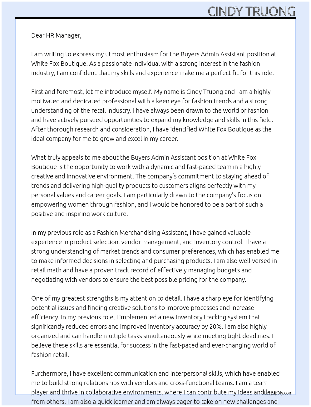 Buyers Admin Assistant At White Fox Boutique Cover Letter