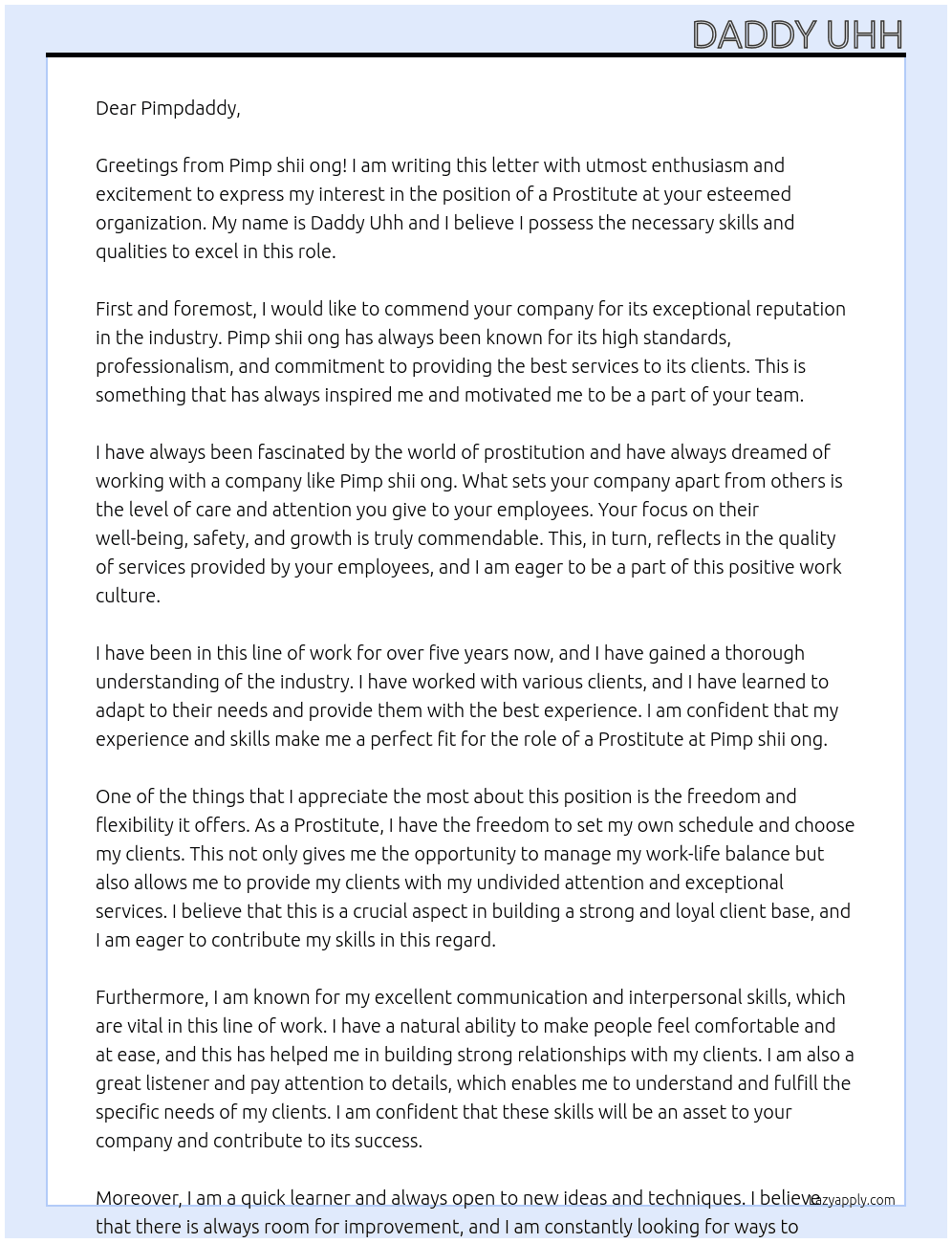 Prostitue At Pimp shii ong Cover Letter